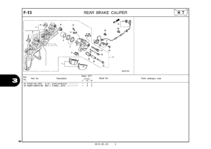 Page 9794
2012.02.20 E
F-13
  
 
REAR BRAKE CALIPER
3
21 91565-SEL-003 CLIP, COUPLER(BLACK)  ••••••••   -   1   1 
22 96001-06016-00 BOLT, FLANGE, 6X16  ••••••••••   -   2   2 Ref.
No. Part No.
DescriptionReqd. QTY
Parts catalogue code
                 NC700S
             C       AC     DC
Serial No.
H 7 