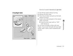 Page 114Electrical Trouble u Burned-out Light Bulb
111continued
Troubleshooting
❙Headlight Bulb1.Pull off the socket without turning.
2.Remove the dust cover.
3.Press the pin down and pull out the bulb 
without turning it.
4.Install a new bulb and parts in the reverse 
order of removal.
uInstall the dust cover with its “TOP” 
mark facing up.
Do not touch the glas s surface with your 
fingers. If you touch the bulb with your bare 
hands, clean it with a cloth moistened with 
alcohol.
Pin Bulb
Socket
Dust cover...