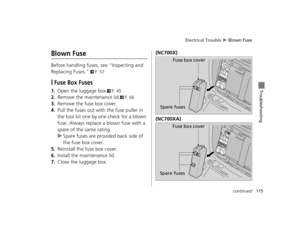 Page 118Electrical Trouble u Blown Fuse
115continued
Troubleshooting
Blown Fuse
Before handling fuses, see “Inspecting and 
Replacing Fuses.” 
2P. 57
❙Fuse Box Fuses
1.Open the luggage box.2P. 45
2.Remove the maintenance lid.2P. 66
3.Remove the fuse box cover.
4.Pull the fuses out with the fuse puller in 
the tool kit one by one check for a blown 
fuse. Always replace a blown fuse with a 
spare of the same rating.
uSpare fuses are provided back side of 
the fuse box cover.
5.Reinstall the fuse box cover....