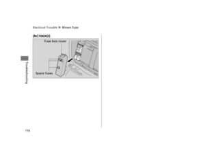 Page 119Electrical Trouble u Blown Fuse
116
Troubleshooting
(NC700XD)
Fuse box cover
Spare fuses
12 NC700X Revision-42MGS6010.book  116 ページ  ２０１１年１２月１３日　火曜日　午後４時１４分  