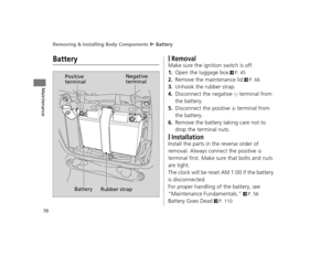 Page 73Removing & Installing Body Components u Battery
70
Maintenance
Battery❙Removal
Make sure the igniti on switch is off.
1.Open the luggage box.2P. 45
2.Remove the maintenance lid.2P. 66
3.Unhook the rubber strap.
4.Disconnect the negative - terminal from 
the battery.
5.Disconnect the positive + terminal from 
the battery.
6.Remove the battery taking care not to 
drop the terminal nuts.
❙Installation
Install the parts in the reverse order of 
removal. Always connect the positive 
+ 
terminal first. Make...