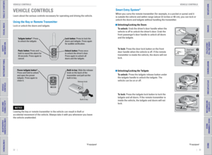 Page 2032    ||    33
       VEHICLE CONTROLS
VEHICLE CONTROLS
TABLE OF CONTENTS
INDEX
VISUAL INDEX
VOICE COMMAND 
INDEX
SAFETY 
INFORMATION
CUSTOMER 
INFORMATION
INSTRUMENT PANEL
SPECIFICATIONS
VEHICLE 
CONTROLS 
MAINTENANCE
AUDIO AND 
CONNECTIVITY
HANDLING THE  UNEXPECTED
BLUETOOTH® 
HANDSFREELINK®
DRIVING
HONDALINK®
NAVIGATION
Learn about the various controls necessary for operating and driving the\
 vehicle.
Using the Key or Remote Transmitter
Lock or unlock the doors and tailgate.
VEHICLE CONTROLS
*if...