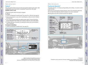 Page 3664    ||    65
       AUDIO AND CONNECTIVITY
AUDIO AND CONNECTIVITY
TABLE OF CONTENTS
INDEX
VISUAL INDEX
VOICE COMMAND 
INDEX
SAFETY 
INFORMATION
CUSTOMER 
INFORMATION
INSTRUMENT PANEL
SPECIFICATIONS
VEHICLE 
CONTROLS 
MAINTENANCE
AUDIO AND 
CONNECTIVITY
HANDLING THE  UNEXPECTED
BLUETOOTH® 
HANDSFREELINK®
DRIVING
HONDALINK®
NAVIGATION
Models with one display
Pandora®
Play and operate Pandora from your phone through the vehicle’s audio system. Visit 
handsfreelink.com to check phone compatibility....