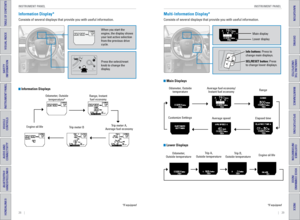 Page 1828    ||    29
       INSTRUMENT P
ANEL
INSTRUMENT P ANEL
TABLE OF CONTENTS
INDEX
VISUAL INDEX
VOICE COMMAND 
INDEX
SAFETY 
INFORMATION
CUSTOMER
 INFORMATION
INSTRUMENT PANEL
SPECIFICATIONS
VEHICLE 
CONTROLS 
MAINTENANCE
AUDIO AND 
CONNECTIVITY
HANDLING THE  UNEXPECTED
BLUETOOTH® 
HANDSFREELINK®
DRIVING
HONDALINK®
NAVIGATION
Information Display*
Consists of several displays that provide you with useful information.
 Information Displays
Press the select/reset 
knob to change the 
display. When you start...