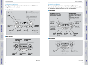 Page 3052    ||    53
       VEHICLE CONTROLS
VEHICLE CONTROLS
TABLE OF CONTENTS
INDEX
VISUAL INDEX
VOICE COMMAND 
INDEX
SAFETY 
INFORMATION
CUSTOMER
 INFORMATION
INSTRUMENT PANEL
SPECIFICATIONS
VEHICLE 
CONTROLS 
MAINTENANCE
AUDIO AND 
CONNECTIVITY
HANDLING THE  UNEXPECTED
BLUETOOTH® 
HANDSFREELINK®
DRIVING
HONDALINK®
NAVIGATION
Air Conditioning System* 
Manually control the front and rear heating and cooling in your vehicle’\
s interior 
using the buttons on the dashboard.
 Front Operation
Rear temperature...