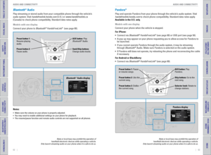 Page 3562    ||    63
       AUDIO AND CONNECTIVITY
AUDIO AND CONNECTIVITY
TABLE OF CONTENTS
INDEX
VISUAL INDEX
VOICE COMMAND 
INDEX
SAFETY 
INFORMATION
CUSTOMER
 INFORMATION
INSTRUMENT PANEL
SPECIFICATIONS
VEHICLE 
CONTROLS 
MAINTENANCE
AUDIO AND 
CONNECTIVITY
HANDLING THE  UNEXPECTED
BLUETOOTH® 
HANDSFREELINK®
DRIVING
HONDALINK®
NAVIGATION
Bluetooth® Audio
Play streaming or stored audio from your compatible phone through the ve\
hicle’s 
audio system. visit handsfreelink.honda.com (U.S.) or...