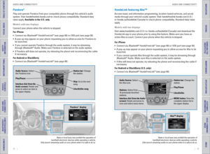 Page 4072    ||    73
       AUDIO AND CONNECTIVITY
AUDIO AND CONNECTIVITY
TABLE OF CONTENTS
INDEX
VISUAL INDEX
VOICE COMMAND 
INDEX
SAFETY 
INFORMATION
CUSTOMER
 INFORMATION
INSTRUMENT PANEL
SPECIFICATIONS
VEHICLE 
CONTROLS 
MAINTENANCE
AUDIO AND 
CONNECTIVITY
HANDLING THE  UNEXPECTED
BLUETOOTH® 
HANDSFREELINK®
DRIVING
HONDALINK®
NAVIGATION
Pandora®
Play and operate Pandora from your compatible phone through the vehicle’\
s audio 
system. visit handsfreelink.honda.com to check phone compatibility. Standard...