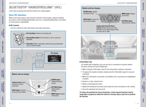 Page 4378    ||    79
TABLE OF CONTENTS
INDEX
VISUAL INDEX
VOICE COMMAND 
INDEX
SAFETY 
INFORMATION
CUSTOMER
 INFORMATION
INSTRUMENT PANEL
SPECIFICATIONS
VEHICLE 
CONTROLS 
MAINTENANCE
AUDIO AND 
CONNECTIVITY
HANDLING THE  UNEXPECTED
BLUETOOTH® 
HANDSFREELINK®
DRIVING
HONDALINK®
NAVIGATION
Learn how to operate the vehicle’s hands-free calling system.
Basic HFL Operation
Make and receive phone calls using the vehicle’s audio system, without handling 
your phone. visit handsfreelink.honda.com (U.S.) or...