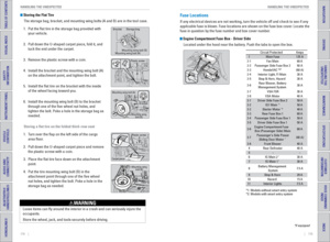 Page 61114    ||    115
       HANDLING THE UNEXPECTED
HANDLING THE UNEXPECTED
TABLE OF CONTENTS
INDEX
VISUAL INDEX
VOICE COMMAND 
INDEX
SAFETY 
INFORMATION
CUSTOMER
 INFORMATION
INSTRUMENT PANEL
SPECIFICATIONS
VEHICLE 
CONTROLS 
MAINTENANCE
AUDIO AND 
CONNECTIVITY
HANDLING THE  UNEXPECTED
BLUETOOTH® 
HANDSFREELINK®
DRIVING
HONDALINK®
NAVIGATION
 Storing the Flat Tire
The storage bag, bracket, and mounting wing bolts (A and B) are in the\
 tool case.
1.   Put the flat tire in the storage bag provided with 
your...