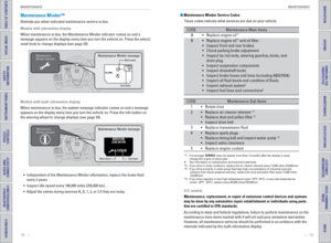 Page 65122    ||    123
       MAINTENANCE
MAINTENANCE
TABLE OF CONTENTS
INDEX
VISUAL INDEX
VOICE COMMAND 
INDEX
SAFETY 
INFORMATION
CUSTOMER
 INFORMATION
INSTRUMENT PANEL
SPECIFICATIONS
VEHICLE 
CONTROLS 
MAINTENANCE
AUDIO AND 
CONNECTIVITY
HANDLING THE  UNEXPECTED
BLUETOOTH® 
HANDSFREELINK®
DRIVING
HONDALINK®
NAVIGATION
Maintenance Minder™
Reminds you when indicated maintenance service is due.
Models with information display
When maintenance is due, the Maintenance Minder indicator comes on and a\
 
message...