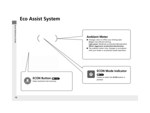 Page 1110
Quick Reference Guide
Eco Assist System
Ambient Meter
●Changes color to reflect your driving style.
Green: Fuel efficient driving
Light green:  Moderate acceleration/deceleration
White: Aggressive acceleration/deceleration
● The ambient meter color changes in accordance 
with your brake or accelerator pedal operation.
ECON Mode Indicator 
(P94)
Comes on when the  ECON button is 
pressed.
ECON Button (P485)
Helps maximize fuel economy.
16 PILOT-31TG76000.book  10 ページ  ２０１６年１０月１９日　水曜日　午後５時４分 