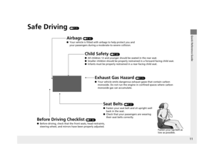 Page 1211
Quick Reference Guide
Safe Driving (P31)
Airbags (P45)
● Your vehicle is fitted with ai rbags to help protect you and 
your passengers during a moderate-to-severe collision.
Child Safety (P58)
● All children 12 and younger should be seated in the rear seat.
● Smaller children should be properly restra ined in a forward-facing child seat.
● Infants must be properly restraine d in a rear-facing child seat.
Exhaust Gas Hazard (P74)
● Your vehicle emits dangerous exhaust gases that contain carbon...