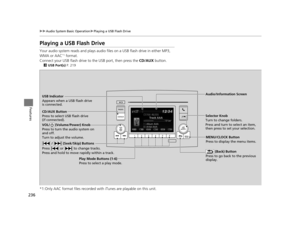 Page 237236
uuAudio System Basic Operation uPlaying a USB Flash Drive
Features
Playing a USB Flash Drive
Your audio system reads and plays audio f iles on a USB flash drive in either MP3, 
WMA or AAC*1 format.
Connect your USB flash drive to  the USB port, then press the CD/AUX button.
2USB Port(s)  P. 219
*1:Only AAC format files recorded with  iTunes are playable on this unit.
USB Indicator
Appears when a USB flash drive 
is connected.
CD/AUX Button
Press to select USB flash drive 
(if connected).
 (Back)...