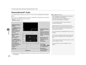 Page 297296
uuAudio System Basic Operation uPlaying  Bluetooth ® Audio
Features
Playing Bluetooth®  Audio
Your audio system allows you to listen to music from your  Bluetooth-compatible 
phone.
This function is available when the phone is paired and connected to the vehicle’s 
Bluetooth ® HandsFreeLink ® (HFL) system.
2 Phone Setup  P. 416
*1:Depending on the  Bluetooth® device you connect, some or all of the lists may not 
be displayed.
1 Playing  Bluetooth ® Audio
Not all Bluetooth -enabled phones with...