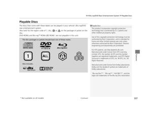 Page 338337
uuBlu-ray/DVD Rear Entertainment System*uPlayable Discs
Continued
Features
Playable Discs
The discs that come with these labels can  be played in your vehicle’s Blu-ray/DVD  
rear entertainment system.
Also look for the region code of 1, ALL,    or   on the package or jacket on the 
disc.
DVD-ROMs and Blu-ray
TM ROMs (BD ROM)* are not playable in this unit.
1 Playable Discs
This product incorporates copyright protection 
technology that is protec ted by U.S. patents and 
other intellectual  property...