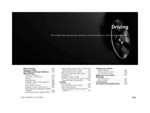 Page 444443
Driving
This chapter discusses driving, refueling, and information on items such as accessories.
Before Driving................................... 444
Towing a Trailer ................................ 450
Off-Highway Driving Guidelines ..... 461
When Driving Starting the Engine .......................... 463
Automatic Transmission ................... 470
Shifting ............................................ 471
Auto Idle-stop
*................................ 481
Intelligent Traction Management*.......