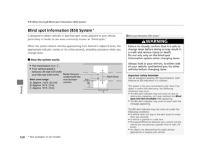 Page 521520
uuWhen Driving uBlind spot information (BSI) System*
Driving
Blind spot information (BSI) System*
Is designed to detect vehicl es in specified alert zones adjacent to your vehicle, 
particularly in harder to see areas commonly known as “blind spots.”
When the system detects vehi cles approaching from behind in adjacent lanes, the 
appropriate indicator comes on for a few se conds, providing assistance when you 
change lanes.
■How the system works
1 Blind spot inform ation (BSI) System*
Important...