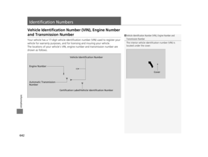 Page 643642
Information
Identification Numbers
Vehicle Identification Number (VIN), Engine Number 
and Transmission Number
Your vehicle has a 17-digit vehicle identification number (V IN) used to register your 
vehicle for warranty purposes, and for licensing and insuring your vehicle.
The locations of your vehicle’s VIN, engine number and transmission number are 
shown as follows.
1 Vehicle Identification Number (VIN), Engine Number and 
Transmission Number
The interior vehicle identification number (VIN) is...