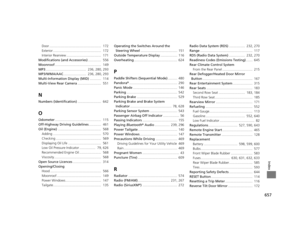 Page 658657
Index
Door .......................................................  172
Exterior ...................................................  172
Interior Rearview .....................................  171
Modifications (and Accessories) ..............  556
Moonroof .................................................  149
MP3 ...........................................  236, 280, 293
MP3/WMA/AAC ........................  236, 280, 293
Multi-Information Display (MID) ............  114
Multi-View Rear Camera...