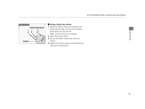 Page 7271
uuChild Safety uSafety of Infants and Small Children
Safe Driving
■Using a third row anchor
1. Route the tether strap hook between the 
head restraint legs, and secure the tether 
strap hook onto the anchor.
Make sure the strap is not twisted.
2. Open the anchor cover.
3. Secure the tether strap hook onto the 
anchor.
4. Tighten the tether strap  as instructed by the 
child seat manufacturer.
Tether Strap Hook
Anchor
Third row seat
16 PILOT-31TG76000.book  71 ページ  ２０１６年１０月１９日　水曜日　午後５時４分 