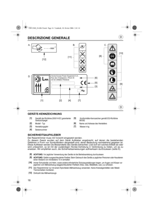 Page 1616
D
D
DESCRIZIONE GENERALE
GERÄTE-KENNZEICHNUNG
SICHERHEITSAUFKLEBER
Der Rasentrimmer muss mit Vorsicht eingesetzt werden.
Zu diesem Zweck wurden auf dem Gerät Aufkleber angebracht, auf denen die bestehenden
Gefahren in Form von Symbolbildern dargestellt sind, deren Bedeutung nachstehend gegeben ist.
Diese Aufkleber werden als Bestandteile des Geräts betrachtet. Löst sich ein solches Etikett ab oder
wird unleserlich, so ist mit der zuständigen Honda-Vertretung in Verbindung zu treten, um es zu
ersetzen....