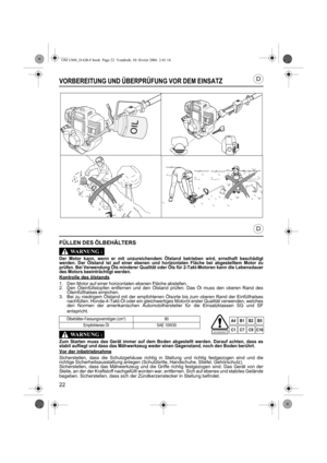 Page 2222
D
D
VORBEREITUNG UND ÜBERPRÜFUNG VOR DEM EINSATZ
FÜLLEN DES ÖLBEHÄLTERS
Der Motor kann, wenn er mit unzureichendem Ölstand betrieben wird, ernsthaft beschädigt
werden. Der Ölstand ist auf einer ebenen und horizontalen Fläche bei abgestelltem Motor zu
prüfen. Bei Verwendung Öls minderer Qualität oder Öls für 2-Takt-Motoren kann die Lebensdauer
des Motors beeinträchtigt werden.
Kontrolle des ölstands
1. Den Motor auf einer horizontalen ebenen Fläche abstellen.
2. Den Öleinfüllstopfen entfernen und den...