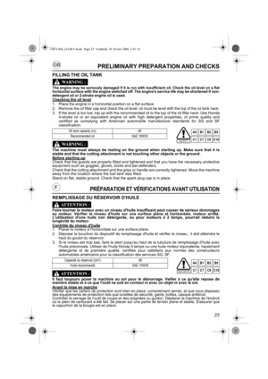 Page 2323
GB
FPRÉPARATION ET VÉRIFICATIONS AVANT UTILISATION
REMPLISSAGE DU RÉSERVOIR DHUILE
Faire tourner le moteur avec un niveau dhuile insuffisant peut causer de sérieux dommages
au moteur. Vérifier le niveau dhuile sur une surface plane et horizontale, moteur arrêté.
Lutilisation dune huile non détergente, ou pour moteurs à 2 temps, pourrait réduire la
longévité du moteur.
Contrôle du niveau dhuile
1. Placer le moteur à lhorizontale sur une surface plane.
2. Déposer le bouchon du dispositif de remplissage...