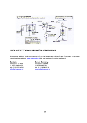 Page 2828 
 
 
 
 
 
 
LISTA AUTORYZOWANYCH PUNKTÓW SERWISOWYCH 
 
 
Adresy oraz telefony do Autoryzowanych Punktów Serwisowych Aries Power Equipment  znajdziesz 
na stronie internetowej: www.ariespower.pl
 lub pod podanymi poniżej telefonami. 
 
Centrala:      Serwis Centralny:  
Warszawa 01-493      Warszawa 02-844, 
ul. Wrocławska 25      ul. Puławska 467, 
tel. (0 22) 861 43 01      tel. (0 22) 894 08 90   
info@ariespower.pl
    
serwis@ariespower.pl  
  