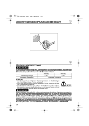 Page 2828
D
D
VORBEREITUNG UND ÜBERPRÜFUNG VOR DEM EINSATZ
FÜLLEN DES KRAFTSTOFFTANKS
In Benzinbehältern kann sich je nach Außentemperatur ein Überdruck einstellen. Den Verschluss
vorsichtig öffnen, um jegliches Ausspritzen von Benzin zu vermeiden. Benzinbehälter an einem kühlen
Ort nicht zu lange aufbewahren und nie in der Sonne stehen lassen.
VORSICHT:•Den Tankverschluss und dessen Umgebung reinigen, um das Eindringen
von Fremdkörpern in den Tank zu vermeiden.
•Zum Füllen des Kraftstofftanks einen geeigneten...