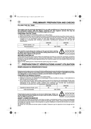 Page 3131
GB
FPRÉPARATION ET VÉRIFICATIONS AVANT UTILISATION
REMPLISSAGE DU RÉSERVOIR DHUILE
Faire tourner le moteur avec un niveau dhuile insuffisant peut causer de sérieux dommages au moteur.
Vérifier le niveau dhuile sur une surface plane et horizontale, moteur arrêté. Lutilisation dune huile
non détergente, ou pour moteurs à 2 temps, pourrait réduire la longévité du moteur.
CONTRÔLE DU NIVEAU DHUILE1. Placer le moteur à lhorizontale sur une surface plane.
2. Déposer le bouchon du dispositif de remplissage...