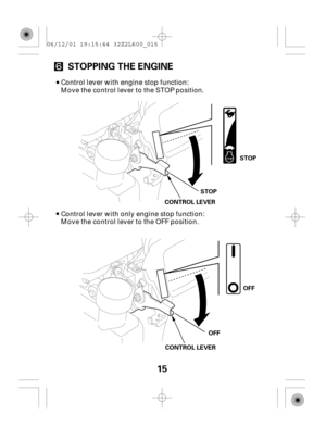 Page 1515 STOPPING THE ENGINE
CONTROL LEVER CONTROL LEVERSTOP
STOP
OFFOFF
Move the control lever to the STOP position. Control lever with engine stop function:
Control lever with only engine stop function:
Move the control lever to the OFF position.
06/12/01 19:15:44 32Z2L600_015 