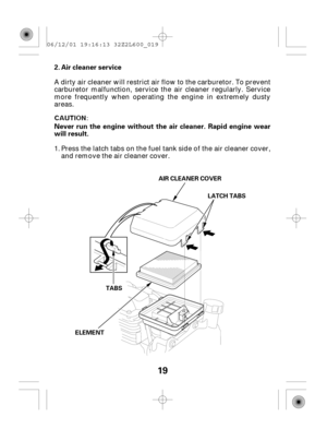 Page 1919
Air cleaner service
Never run the engine without the air cleaner. Rapid engine wear
will result. 2.
AIR CLEANER COVER
ELEMENTLATCH TABS
TABS
A dirty air cleaner will restrict air flow to the carburetor. To prevent
carburetor malfunction, service the air cleaner regularly. Service
more frequently when operating the engine in extremely dusty
areas.
Press the latch tabs on the fuel tank side of the air cleaner cover,
and remove the air cleaner cover. 1.
06/12/01 19:16:13 32Z2L600_019 