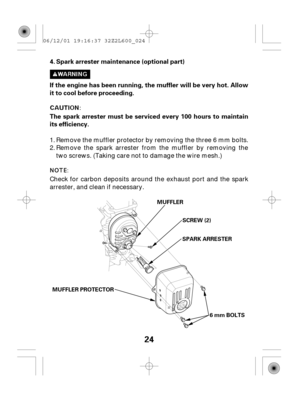 Page 2424
Spark arrester maintenance (optional part)
If the engine has been running, the muffler will be very hot. Allow
it to cool before proceeding.
The spark arrester must be serviced every 100 hours to maintain
its efficiency. 4.
MUFFLER PROTECTORSPARK ARRESTER
6mmBOLTS MUFFLER
SCREW (2)
Check for carbon deposits around the exhaust port and the spark
arrester, and clean if necessary.Remove the muffler protector by removing the three 6 mm bolts.
Remove the spark arrester from the muffler by removing the
two...