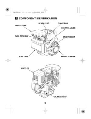 Page 55 COMPONENT IDENTIFICATION
OIL FILLER CAP MUFFLER AIR CLEANER
FUEL TANK CAP
FUEL TANKSPARK PLUG CHOKE ROD
CONTROL LEVER
STARTER GRIP
RECOIL STARTER 06/12/01 19:14:44 32Z2L600_005 