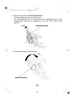 Page 1717
STOPBEDIENINGSHENDEL
BRANDSTOFKRAAN
UUIITT
De brandstofkraan op OFF draaien. Druk de regelhendel naar de STOP stand.
De motorschakelaar die in verbinding met de regelhendel staat, wordt
uitgeschakeld wanneer de regelhendel naar de STOP stand wordt
gedrukt. 3.
4.Uitvoering zonder VLIEGWIELREMHENDEL: 08/05/21 14:49:31 39Z0M600_017 