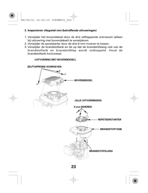 Page 2323
Inspecteren vliegwiel rem 3. (betreffende uitvoeringen)
[UITVOERING MET BOVENDEKSEL]
[ALLE UITVOERINGEN] BOVENDEKSEL ZELFTAPPENDE SCHROEVEN
BRANDSTOFSLANGBRANDSTOFTANK REPETEERSTARTER 6mmMOEREN
Verwijder het bovendeksel door de drie zelftappende schroeven (alleen
bij uitvoering met bovendeksel) te verwijderen.
Verwijder de spoelstarter door de drie 6 mm moeren te lossen.
Verwijder de brandstoftank en let op dat de brandstofslang niet van de
brandstoftank en brandstofklep wordt ontkoppeld. Houd de...