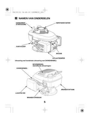Page 55
NAMEN VAN ONDERDELEN
REPETEERSTARTER
OLIEVULDOP
BOUGIE
UITLAATDEMPER HANDGREEP
STARTKOORD
BOVENDEKSEL
(betreffende uitvoeringen)
CHOKEHENDEL Uitvoering met handchoke (uitvoering met CHOKEHENDEL)
BRANDSTOFTANK
LUCHTFILTER
BRANDSTOFKRAAN
08/05/21 14:48:19 39Z0M600_005 