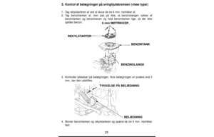 Page 2121
3. Kontrol af belægningen på svinghjulsbremsen (visse typer)
1.Tag rekylstarteren af ved at skrue de tre 6 mm. møtrikker af.
2.Tag benzintanken af, men pas på ikke, at benzinslangen rykkes af
benzintanken og benzinhanen og hold benzintanken lige, så der ikke
spildes benzin.
3.Kontroller tykkelsen på belægningen. Hvis belægningen er tyndere end 3
mm., bør den udskiftes.
4.Monter benzintanken og rekylstarteren og spænd de tre 6 mm. møtrikker
fast.
6 mm MØTRIKKER
REKYLSTARTER
BENZINTANK
BENZINSLANGE...