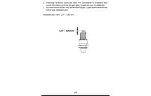 Page 2323
2.Undersøg tændrøret. Smid det væk, hvis porcelænet er krakeleret eller
revnet. Hvis tænd-røret kan bruges igen, renses det med en stålbørste.
3.Mål elektrodeafstanden med en tændrørssøger. Justér elektrodeafstanden
ved at bøje sideelektroden.
Afstanden bør være: 0,70 – 0,80 mm
0,70 – 0,80 mm 