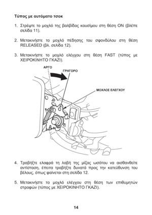 Page 1414 Τύπος με αυτόματο τσοκ
1. Στρέψτε το μοχλό της βαλβίδας καυσίμου στη θέση ON (βλέπε 
σελίδα 11).
2. Μετακινήστε το μοχλό πέδησης του σφονδύλου στη θέση 
RELEASED (βλ. σελίδα 12).
3. Μετακινήστε το μοχλό ελέγχου στη θέση FAST (τύπος με 
ΧΕΙΡΟΚΙΝΗΤΟ ΓΚΑΖΙ).
ΑΡΓΟ
ΓΡΗΓΟΡΟ
ΜΟΧΛΟΣ ΕΛΕΓΧΟΥ
4. Τραβήξτε ελαφρά τη λαβή της μίζας ωσότου να αισθανθείτε 
αντίσταση, έπειτα τραβήξτε δυνατά προς την κατεύθυνση του 
βέλους, όπως φαίνεται στη σελίδα 12.
5. Μετακινήστε το μοχλό ελέγχου στη θέση των επιθυμητών 
στροφών...