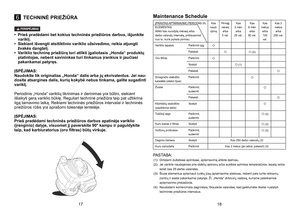 Page 9
6TECHNINĖ PRIEŽIŪRA
PERSPJIMAS
•  Prieš pradėdami bet kokius techninės priežiūros darbus, išjunkite variklį. 
•
 
Siekiant išvengti atsitiktinio variklio užsivedimo, reikia atjungti 
žvakės dangtelį.
•
 
Variklio techninę priežiūrą turi atlikti įgaliotasis „Honda“ produktų  
platintojas, nebent savininkas turi tinkamus įrankius ir jaučiasi pakankamai patyręs.
ĮSPĖJIMAS: Naudokite tik originalias „Honda“ dalis arba jų ekvivalentus. Jei nau-dosite atsargines dalis, kurių kokybė nebus tinkama, galite...