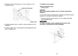 Page 12
4.  Pārbaudiet bremžu kurpes biezumu. Ja tas ir mazāks par 3 mm, 	nomainiet ar jaunu. 
5.
 
Uzstādiet degvielas tvertni un starteri un stingri pievelciet trīs 6 mm 
uzgriežņus. 
6.
 
Uzstādiet augšējo vāku un ieskrūvējiet trīs pašvītņotājskrūves (tikai 
tipam ar augšējo vāku). 
4. Aizdedzes sveces apkope
Ieteicamā aizdedzes svece:    BPR6ES (NGK) 
UZMANĪGI: Nekad neizmantojiet aizdedzes sveci ar nepareizu temperatūras diapazonu. 
Lai nodrošinātu pareizu dzinēja darbību, aizdedzes svecei jābūt pareizais...