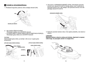 Page 6
4DZINĒJA IEDARBINĀŠANA
1.  Pārslēdziet degvielas padeves vārstu ieslēgta stāvoklī (ON). 
2 .   •    Bez GAISA VĀRSTA SVIRAS: 
    Pārvietojiet vadības sviru AIZVĒRTĀ stāvoklī. 
  •   Ar GAISA VĀRSTU (GAISA VĀRSTS AR AUTOMĀTISKO ATGRIEZI): 
    Pārvietojiet gaisa vārsta sviru AIZVĒRTĀ stāvoklī. 
PIEZĪME: Neizmantojiet gaisa vārstu, ja dzinējs ir silts vai ja ir augsta gaisa temperatūra.  3.   Tikai tipam ar SPARARATA BREMŽU SVIRU: Pārvietojiet spararata 
bremžu sviru stāvoklī ATLAISTS. Dzinēja slēdzis,...