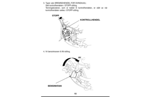 Page 1515
3.Typer uten BREMSEHENDELFOR SVINGHJUL:
Sett kontrollhendelen i STOPP-stilling.
Tenningsbryteren, som er koblet til kontrollhendelen, er slått av når
kontrollhendelen settes i STOPP-stilling.
4. Vri bensinkranen til AV-stilling.
KONTROLLHENDEL STOPP
AV
BENSINKRAN 