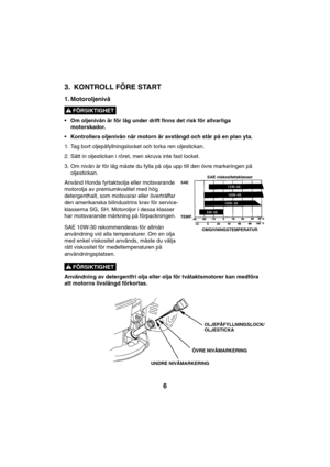 Page 66
3. KONTROLL FÖRE START
1. Motoroljenivå
• Om oljenivån är för låg under drift finns det risk för allvarliga
motorskador.
• Kontrollera oljenivån när motorn är avstängd och står på en plan yta.
1. Tag bort oljepåfyllningslocket och torka ren oljestickan.
2. Sätt in oljestickan i röret, men skruva inte fast locket.
3. Om nivån är för låg måste du fylla på olja upp till den övre markeringen på
oljestickan.
Använd Honda fyrtaktsolja eller motsvarande
motorolja av premiumkvalitet med hög
detergenthalt, som...