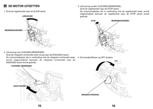 Page 8STOPBEDIENINGSHENDEL
UIT
Druk de regelhendel naar de STOP stand.
De motorschakelaar die in verbinding met de regelhendel staat, wordt
uitgeschakeld wanneer de regelhendel naar de STOP stand wordt
gedrukt. 3. Uitvoering zonder VLIEGWIELREMHENDEL:
15
GEACTIVEERD
DE MOTOR UITZETTEN
LANGZAAM
BEDIENINGSHENDEL
GEACTIVEERD
Druk de regelhendel naar de SLOW stand.
De motorschakelaar die in verbinding met de vliegwiel remhendel staat,
wordt uitgeschakeld wanneer de vliegwiel remhendel naar de
ENGAGED stand wordt...
