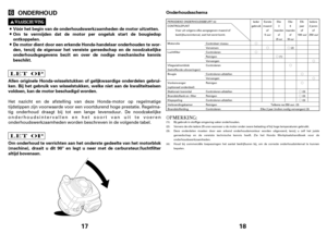 Page 9ONDERHOUD
Vóór het begin van de onderhoudswerkzaamheden de motor uitzetten.
Omtevermijden dat de motor per ongeluk start de bougiedop
ontkoppelen.
De motor dient door een erkende Honda-handelaar onderhouden te wor-
den,tenzij de eigenaar het vereiste gereedschap en de noodzakelijke
onderhoudsgegevens bezit en over de nodige mechanische kennis
beschikt.
Allen originele Honda-wisselstukken of gelijkwaardige onderdelen gebrui-
ken. Bij het gebruik van wisselstukken, welke niet aan de kwaliteitseisen...