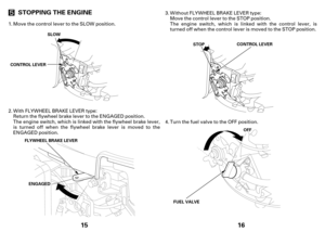 Page 8STOPPING THE ENGINE
SLOW
CONTROLLEVER
ENGAGED
Move the control lever to the SLOW position.
Theengine switch, which is linked with the flywheel brake lever,
is turned off when the flywheel brake lever is moved to the
ENGAGED position. Return the flywheel brake lever to the ENGAGED position. 1.
2. With FLYWHEEL BRAKE LEVER type:
15
ENGAGED
FLYWHEEL BRAKE LEVER
E EN
NG
GA
AG
GE
ED
D
OFF
S
ST
TO
OP
PCONTROLLEVER
Move the control lever to the STOP position.
The engine switch, which is linked with the control...