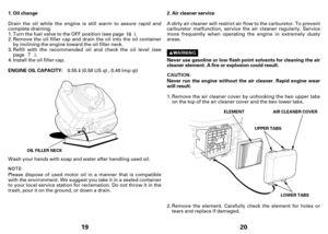 Page 1019
Oil change
ENGINE OIL CAPACITY: 1.
OIL FILLER NECK
Drain the oil while the engine is still warm to assure rapid and
complete draining.
Please dispose of used motor oil in a manner that is compatible
with the environment. We suggest you take it in a sealed container
to your local service station for reclamation. Do not throw it in the
trash, pour it on the ground, or down a drain. Wash your hands with soap and water after handling used oil.0.55
(0.58 US qt , 0.48 Imp qt) Install the oil filler cap....