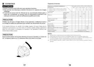 Page 9Il est essentiel d’ef f ectuer un contrôle et un réglage réguliers du moteur Honda af in de
maintenir les perf ormances à un niveau élevé. Un entretien régulier prolonge également la
durée de vie du moteur. La f réquence de l’entretien et les opérations à ef f ectuer sont
décrites dans le tableau suivant.
ENT RET IEN
Arrêterlemoteur avant d’ef f ectuer toute opération d’entretien.
Pour prévenir tout démarrage accidentel, déconnecter le capuchon des bougies
d’allumage.
L’entretien du moteur doit être ef f...